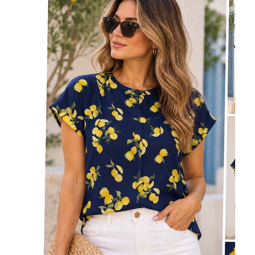 Banana Republic Navy Blue Lemon Print Short Sleeve Blouse Top M